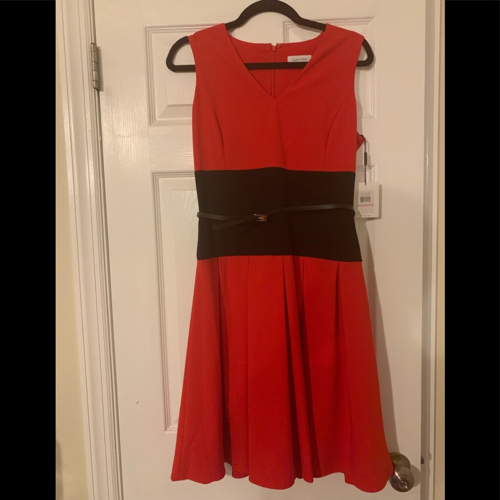 Calvin Klein red and black belted flare dress NET